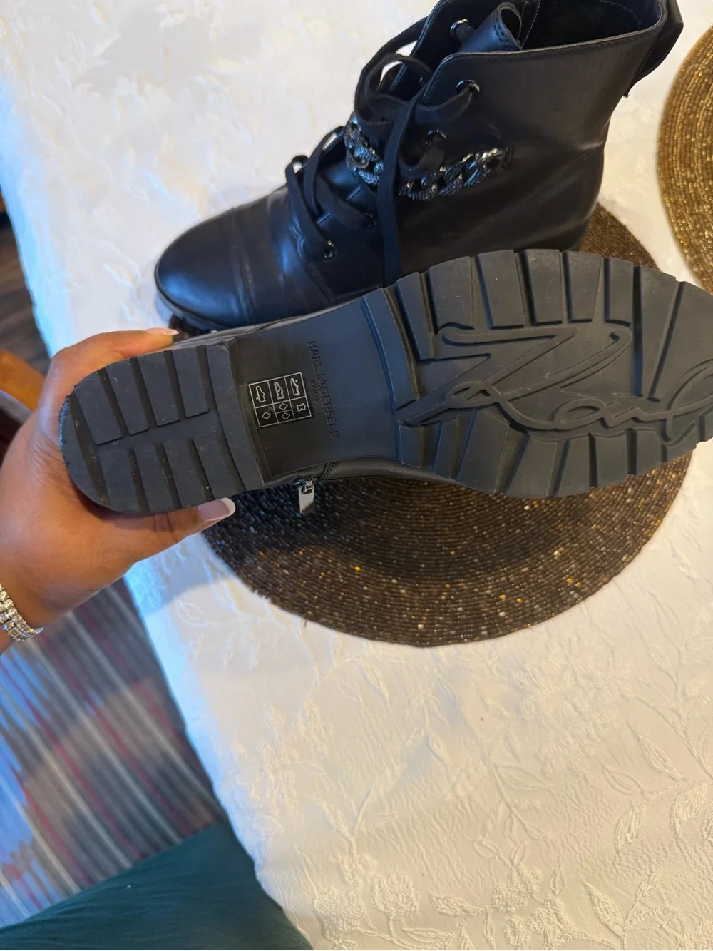 Karl Lagerfeld Black Lace-Up Ankle Boots with Chain Detail